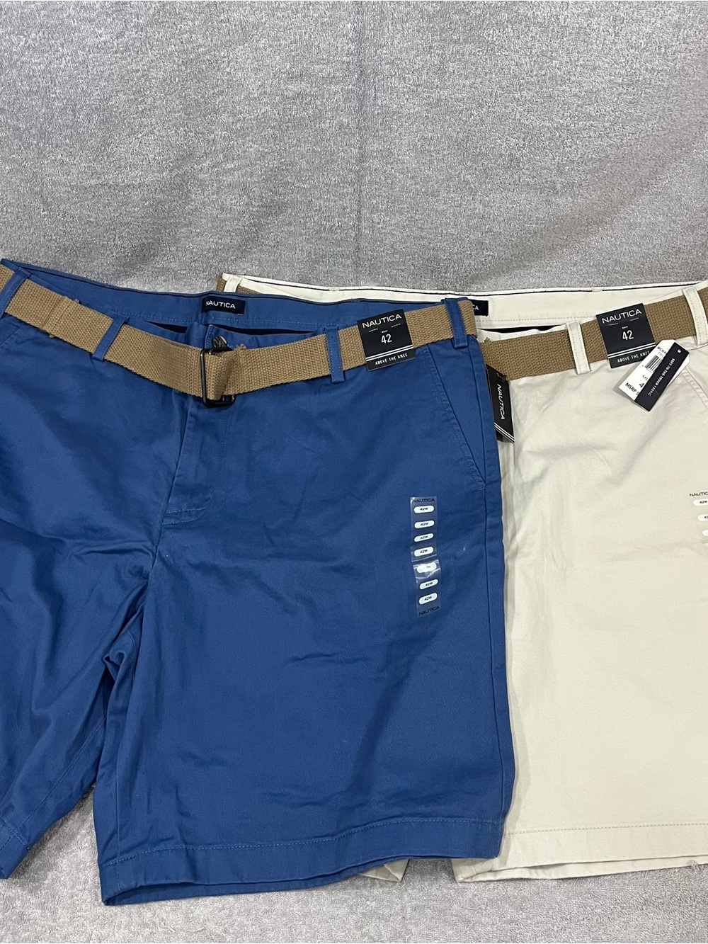 Nautica Mens 42 Above The Knee Belted Shorts Lot Of 2 Blue / Cream NWT